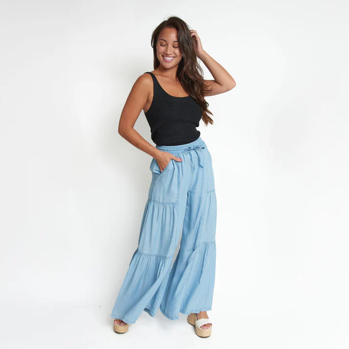 ELSIE & ZOEY  Delaney Wide Leg Tiered Drawstring Chambray Pants