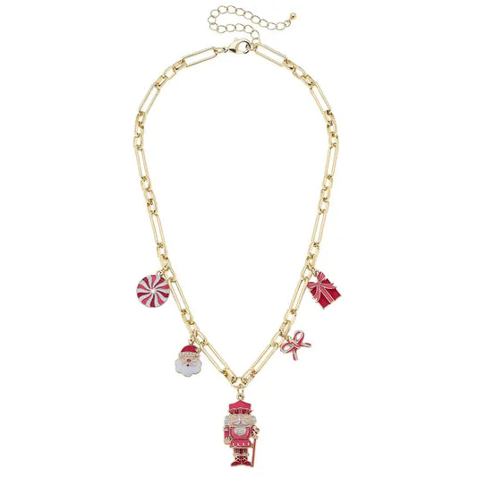 Canvas Style Christmas Cheer Enamel Charm Necklace in Red/Pink/White