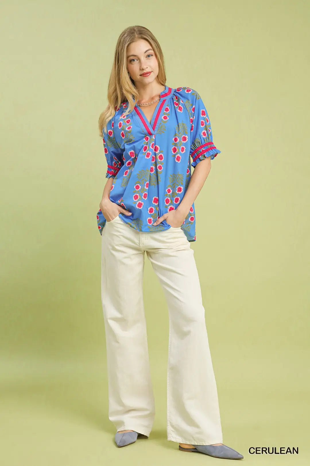 Umgee Floral V-Neck Puff Sleeve Top