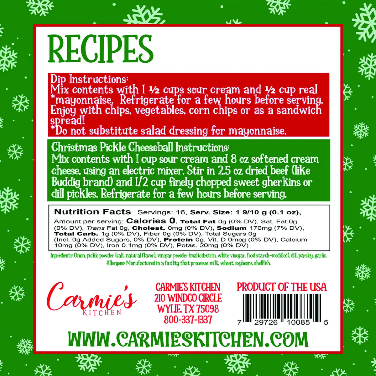 Carmie's Kitchen Christmas Pickle Dip Mix - Holiday Collection