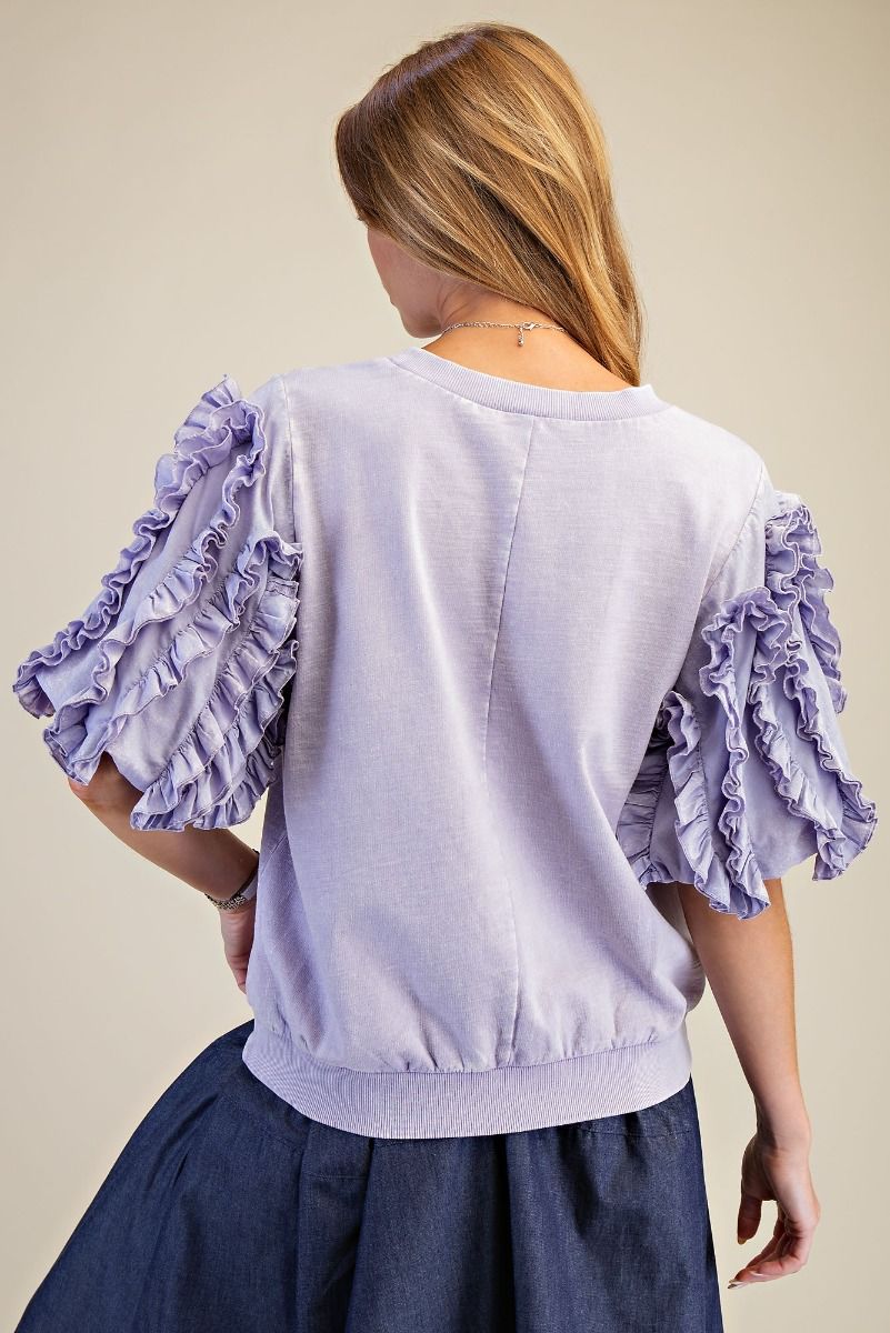 EASEL RUFFLED SLVS MINERAL WASHED TOP-LAVENDER