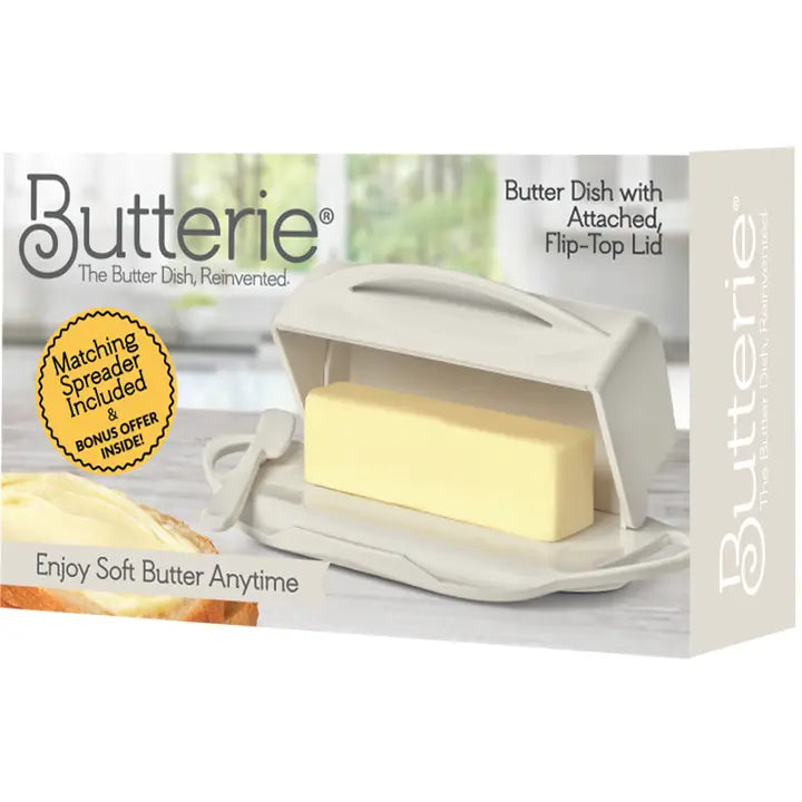 Butterie Countertop Flip-Top Butter Dish w/ Matching Spreader - Ivory