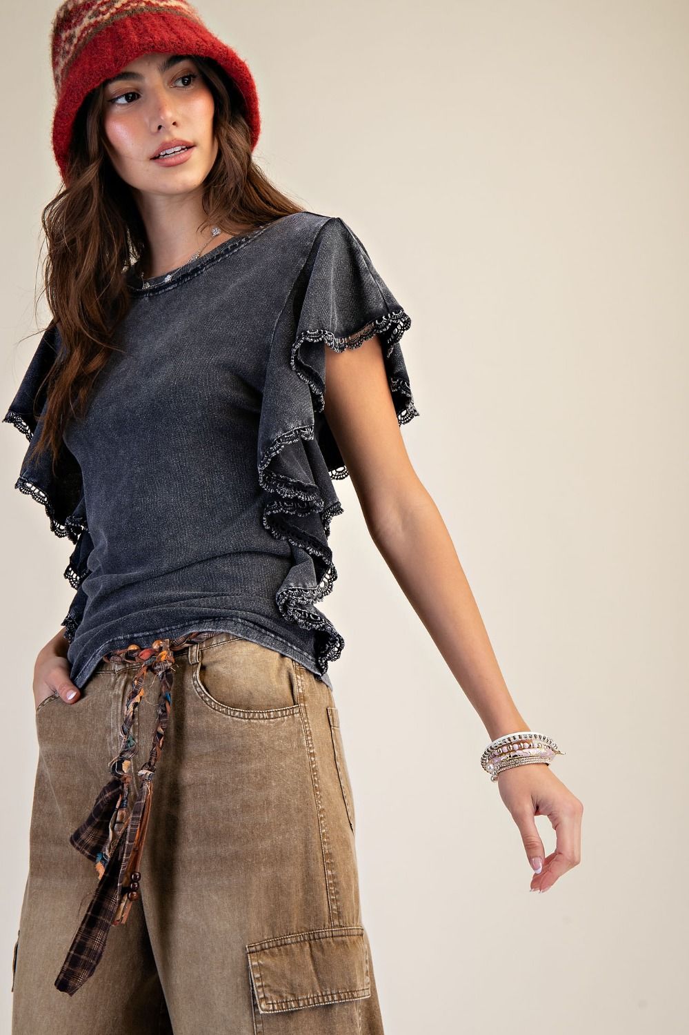 EASEL MINERAL WASHED COTTON JERSEY TOP