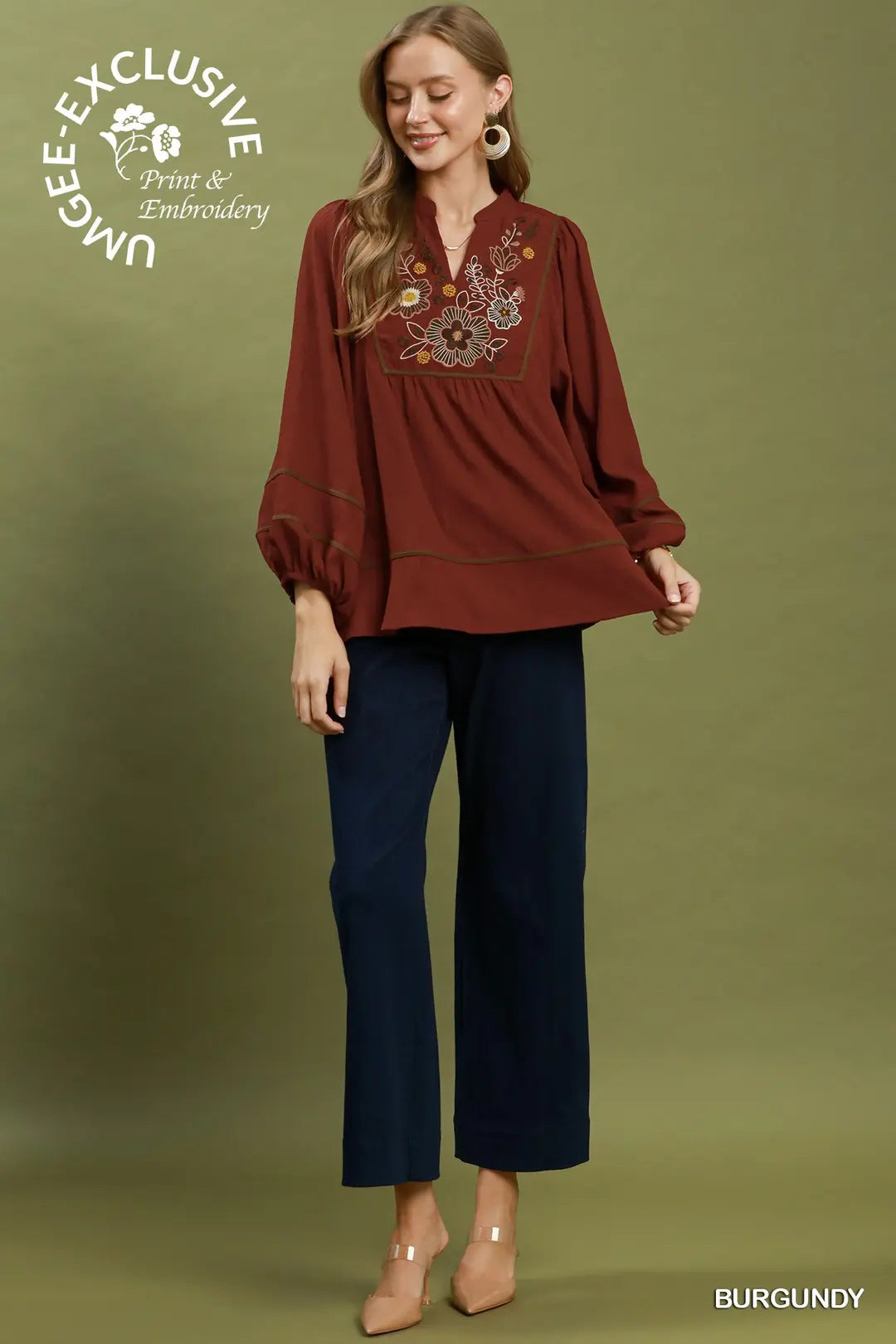 Umgee Floral Embroidered Split Neck Babydoll Blouse-Burgundy