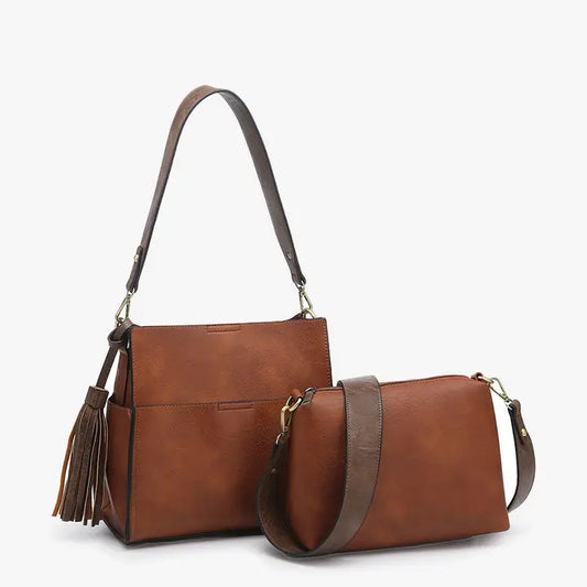 Jen & Co Lyla 2-in-1 Bucket Bag w/ Guitar Strap-Camel/Coffee