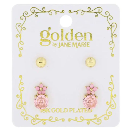 Jane Marie Kids 18K Gold Plated 2 Stud Set, Ball, Pink Flower Earrings