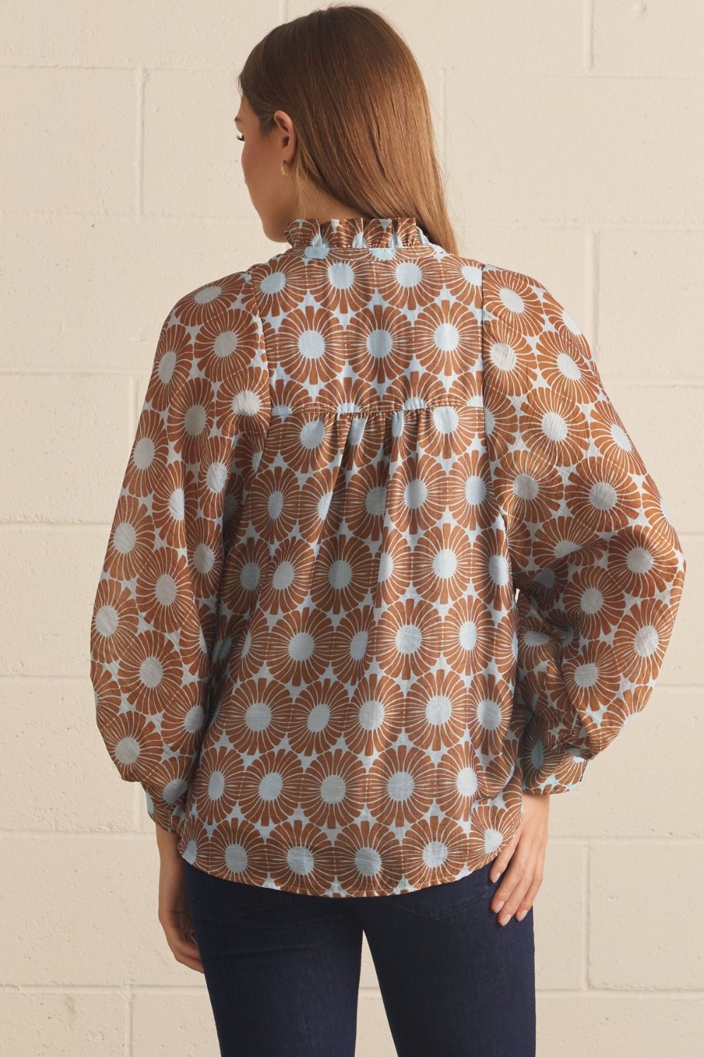 Entro Floral Long Puff Sleeve Top Featuring Ruffled Mock Neck-Blue Camel