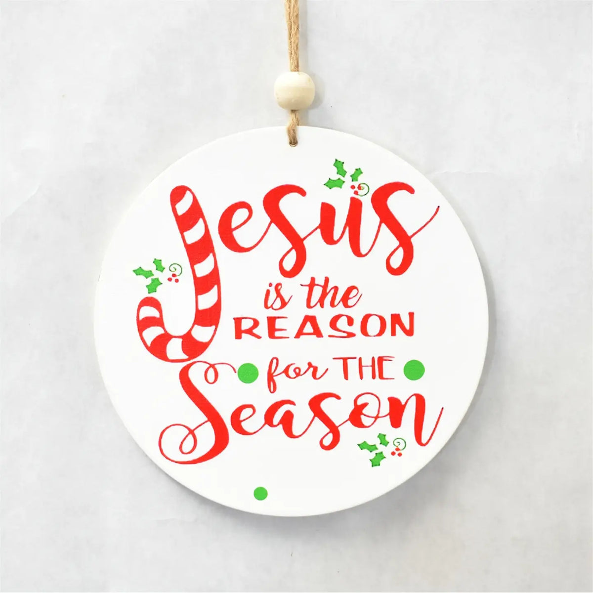 David Christopher's Wooden Jesus Disk Ornament - White/Red/Green 5.75"