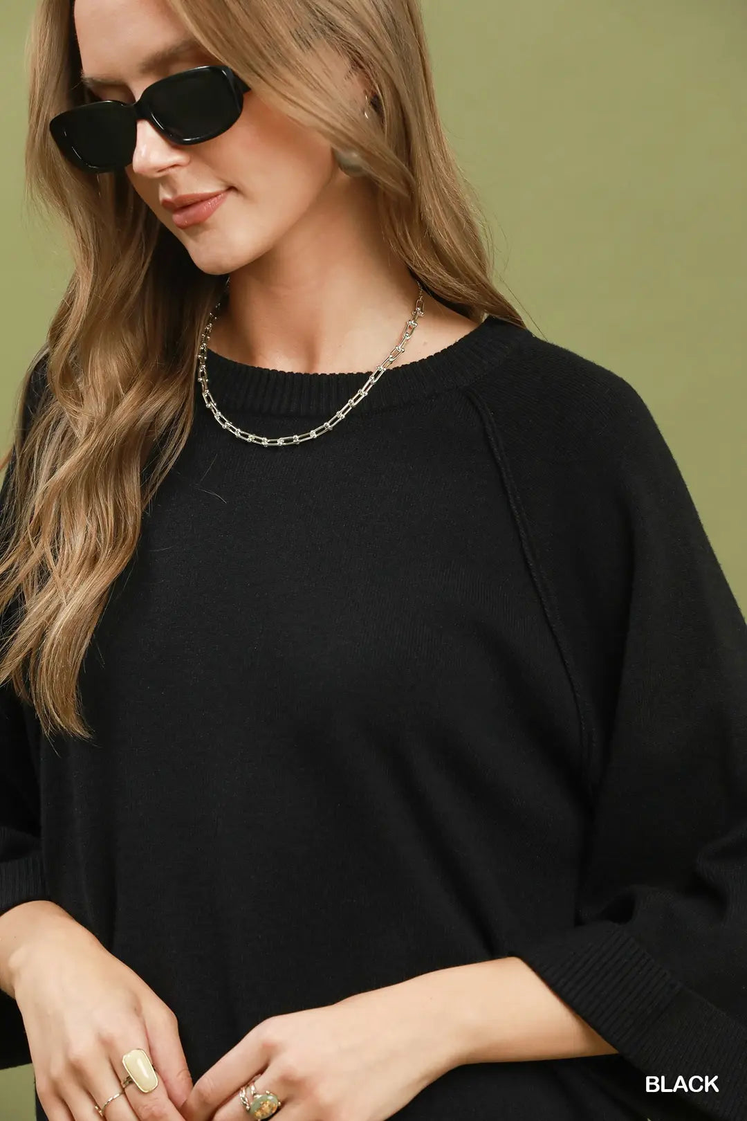 Umgee Crewneck Pullover Sweater Knit Top-Black