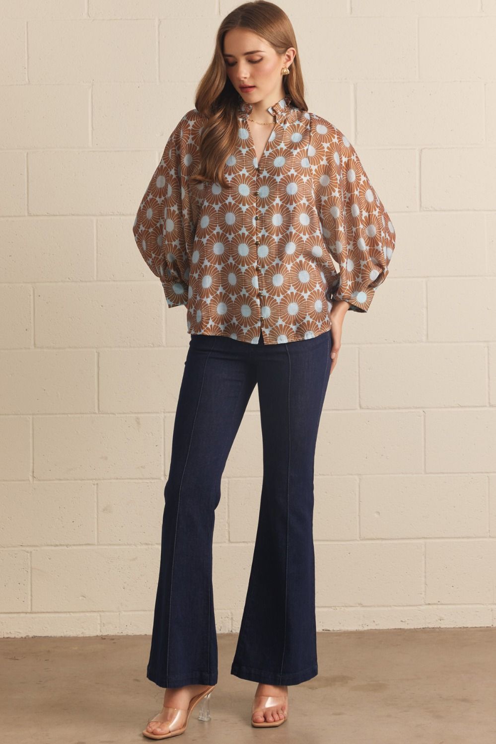 Entro Floral Long Puff Sleeve Top Featuring Ruffled Mock Neck-Blue Camel