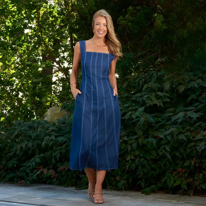 Elsie & Zoey Midi Dress Elle Sleeveless Stretch Denim Square Neck –  shopflowersplus.com