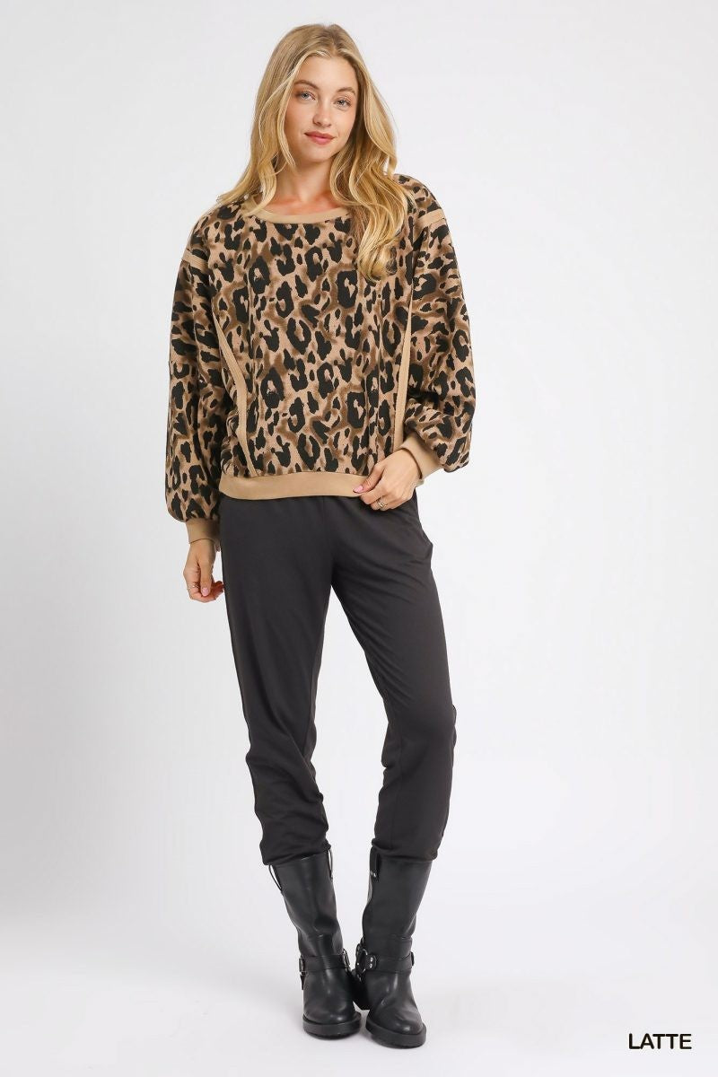 Umgee Leopard Print Pullover Sweatshirt