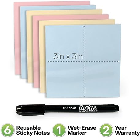 M.C. Squares Reusable Sticky Notes | 3" x 3" 6 Pack of Colorful Stickies | Wet & Dry Erase Post Notes | Re-Stickable | Cling to Stainless Steel, Glass, Plastic | Includes Wet Erase Marker | USA Made