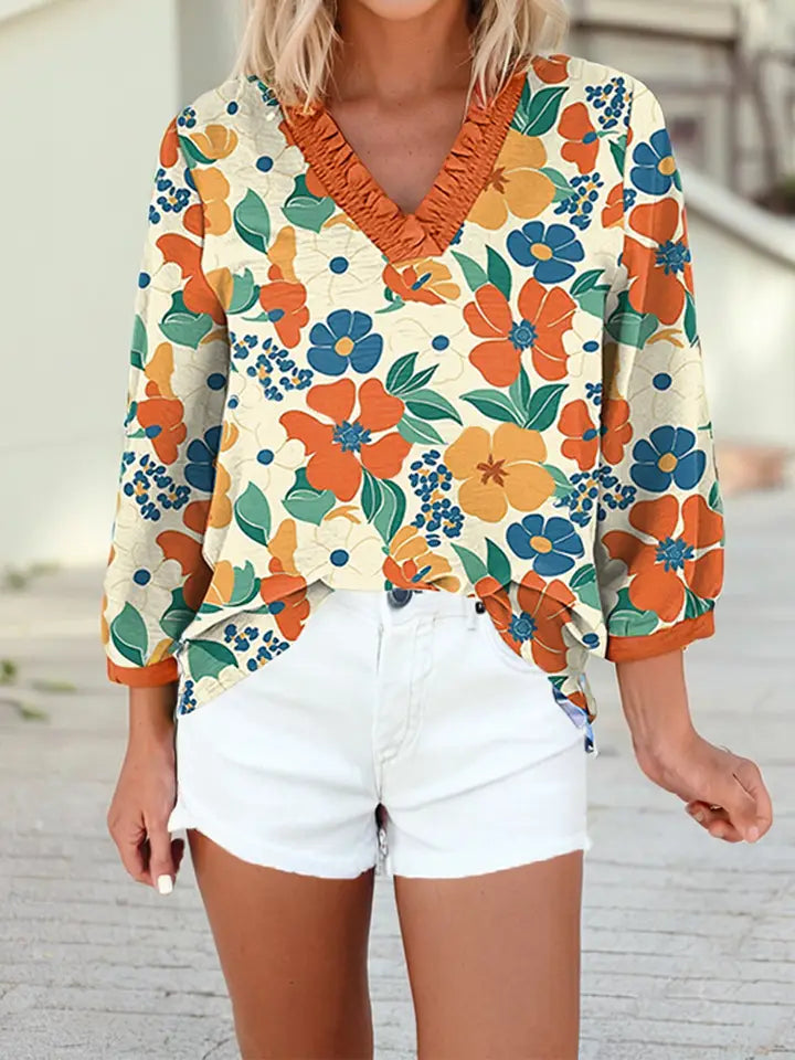 Frilled V Neck Floral Print Bracelet Sleeve Blouse
