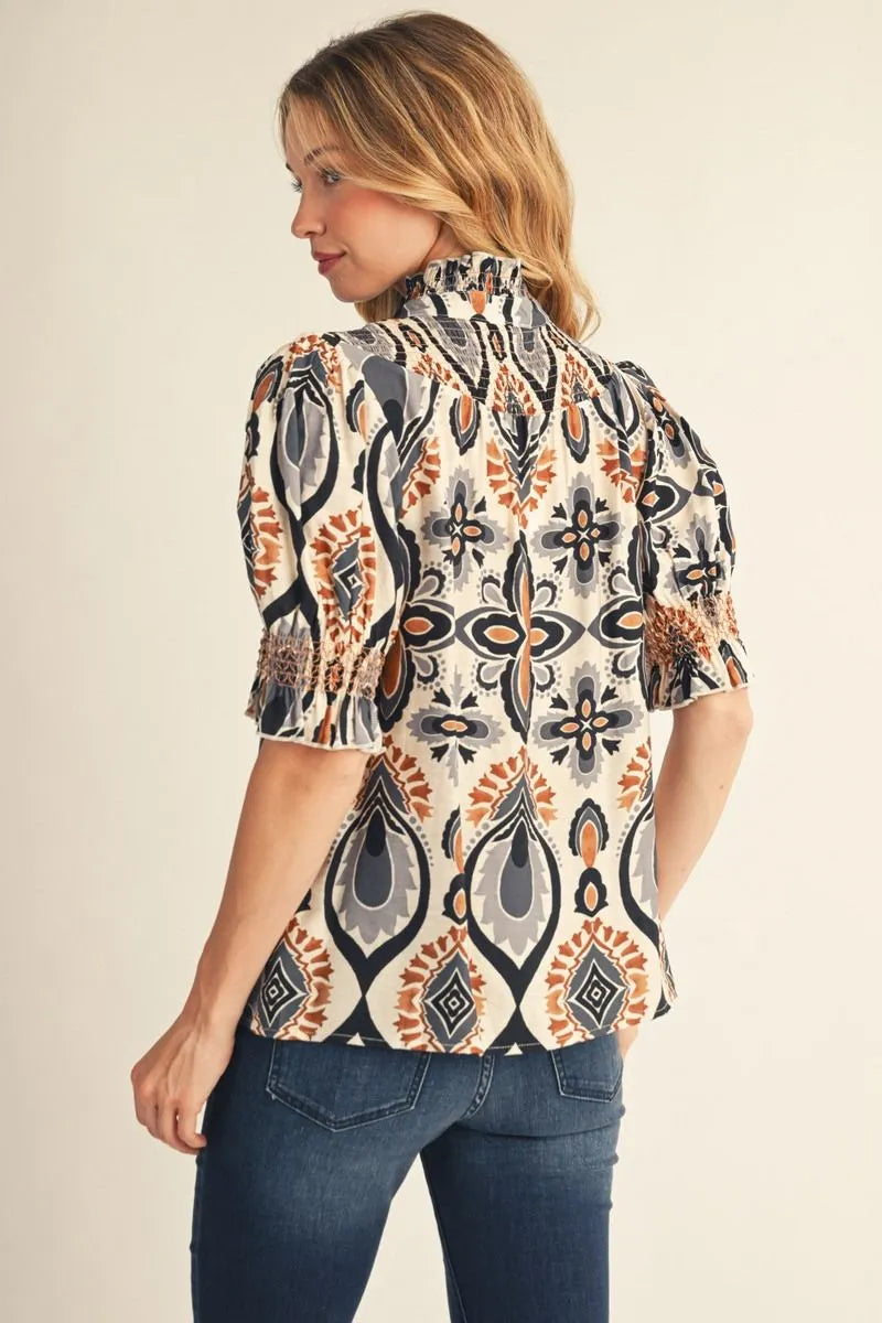 Jodifl Short Puff Sleeves Notched V Neck Boho Print Blouse