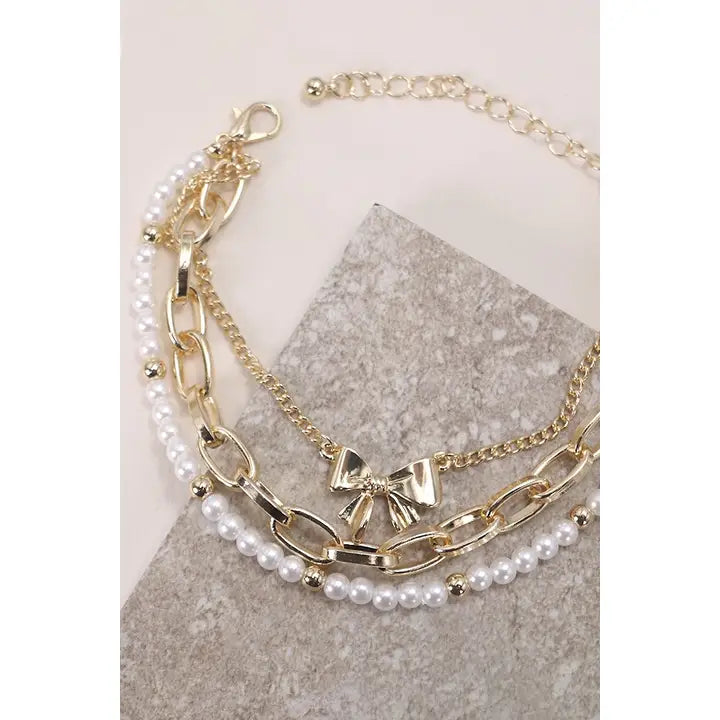 Bow Pearl Link Trio Set Bracelets