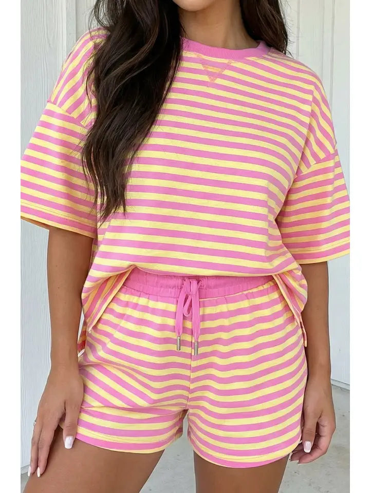 Las Stripe Contrast Trim Boxy Terry Short Set