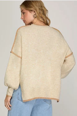 SHE & SKY LONG SLEEVE CONTRAST SWEATER TOP-OATMEAL