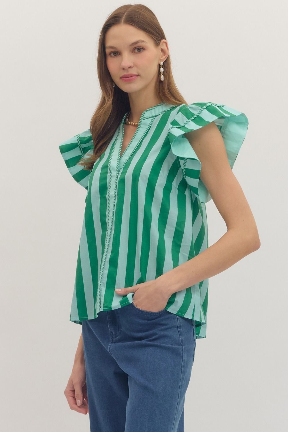 Entro Striped Flutter Sleeve Top