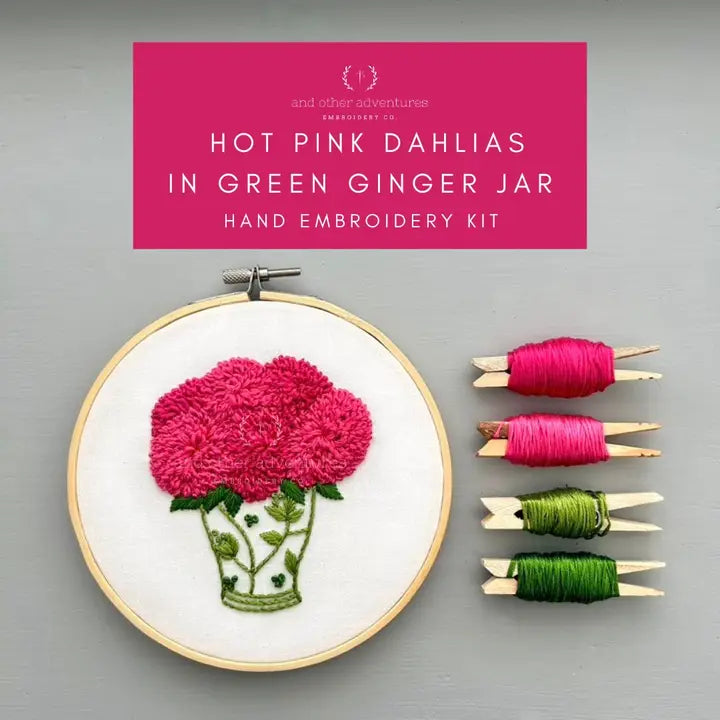 And Other Adventures Embroidery Co Hand Embroidery Kit - Hot Pink Dahlias in Green Ginger Jar