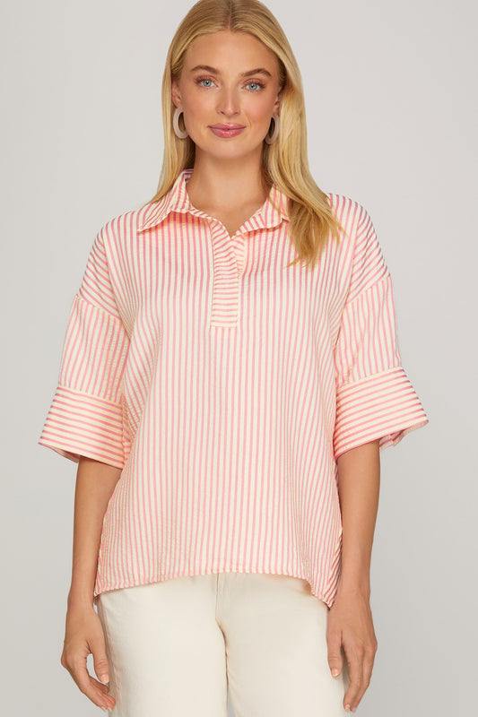 She + Sky Oversized Striped Top-Pink