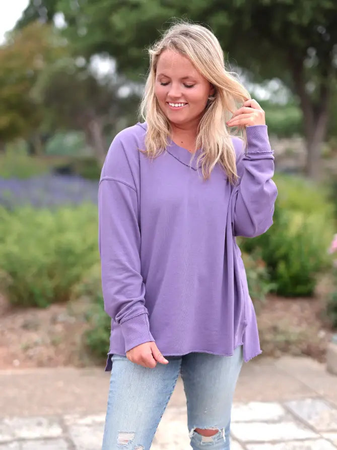 Jadelynn Brooke Oversized French Terry V-Neck Pullover - Deep Plum