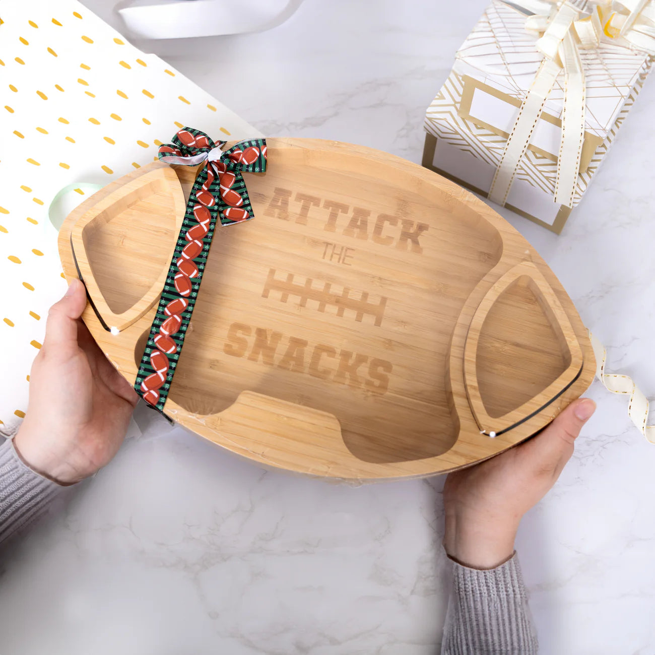 PAVILION ATTACK THE SNACKS BAMBOO SERVING BOARD WITH DIP BOWLS