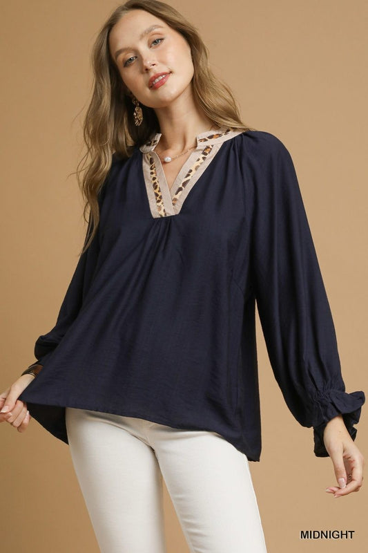 Umgee Leopard Trim V-neck Blouse