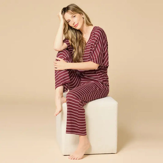 Softies Dream V-Neck Capri Lounge Set –  Cherry Cola Stripe