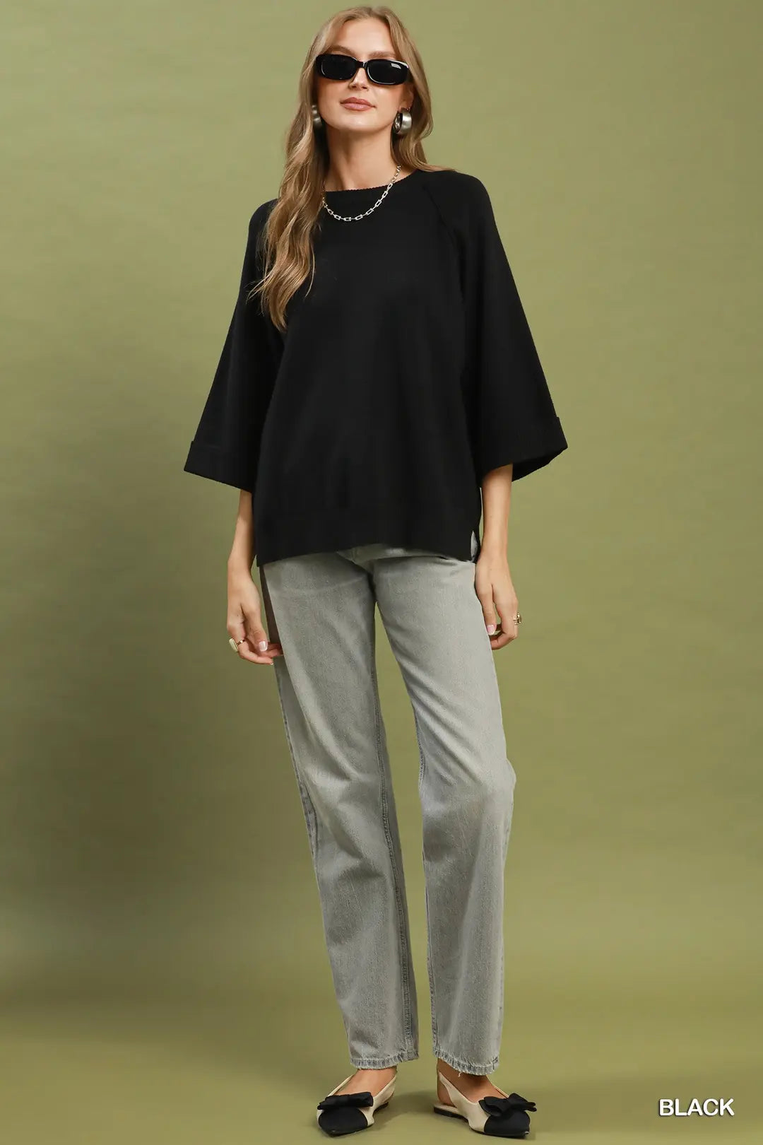 Umgee Crewneck Pullover Sweater Knit Top-Black