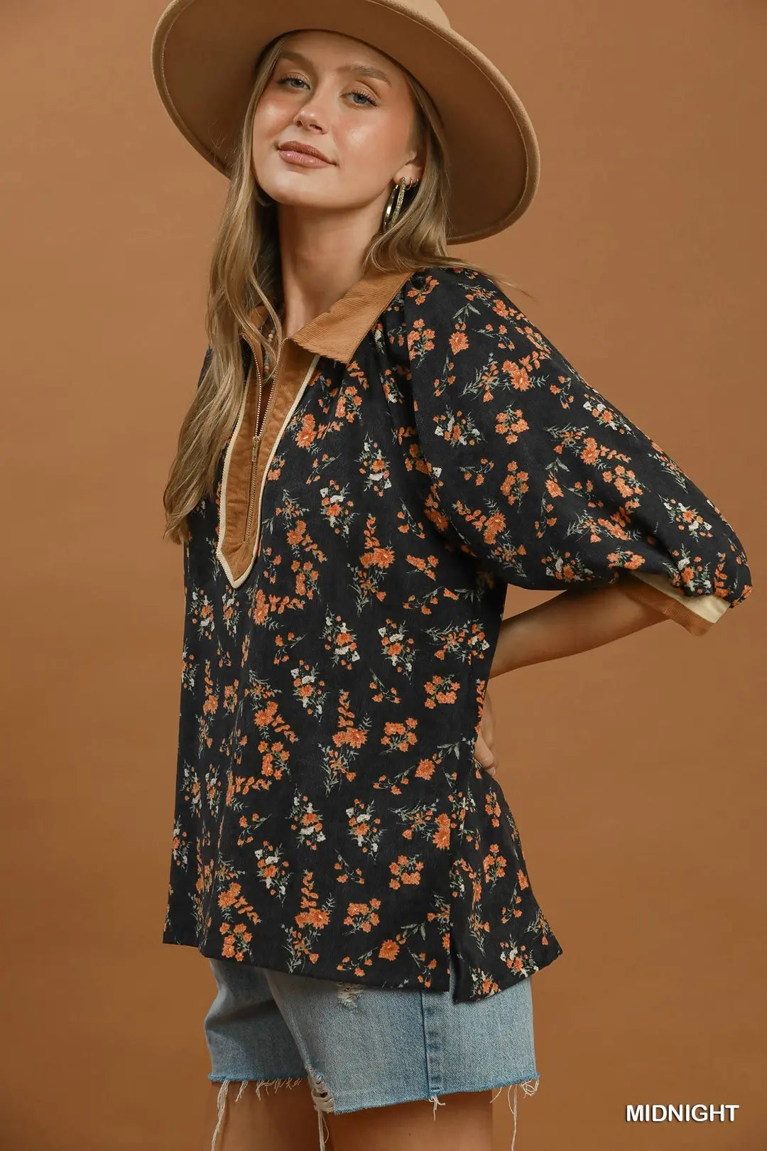 Umgee Floral Print Quarter Zip Contrast Collar Top-Midnight