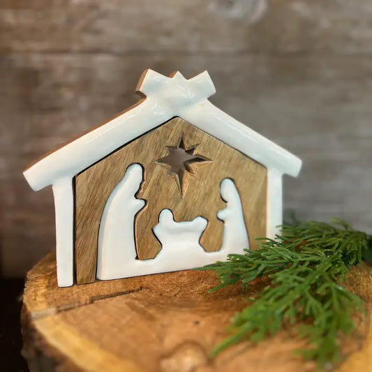 Wholesale Home Decor Wooden Nativity with White Enamel 7x5in