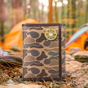 ZEP-PRO SHOTSHELL MEN'S TRIFOLD OLD SCHOOL CAMO LEATHER WALLET.-COLOR: Brown/Tan Camp