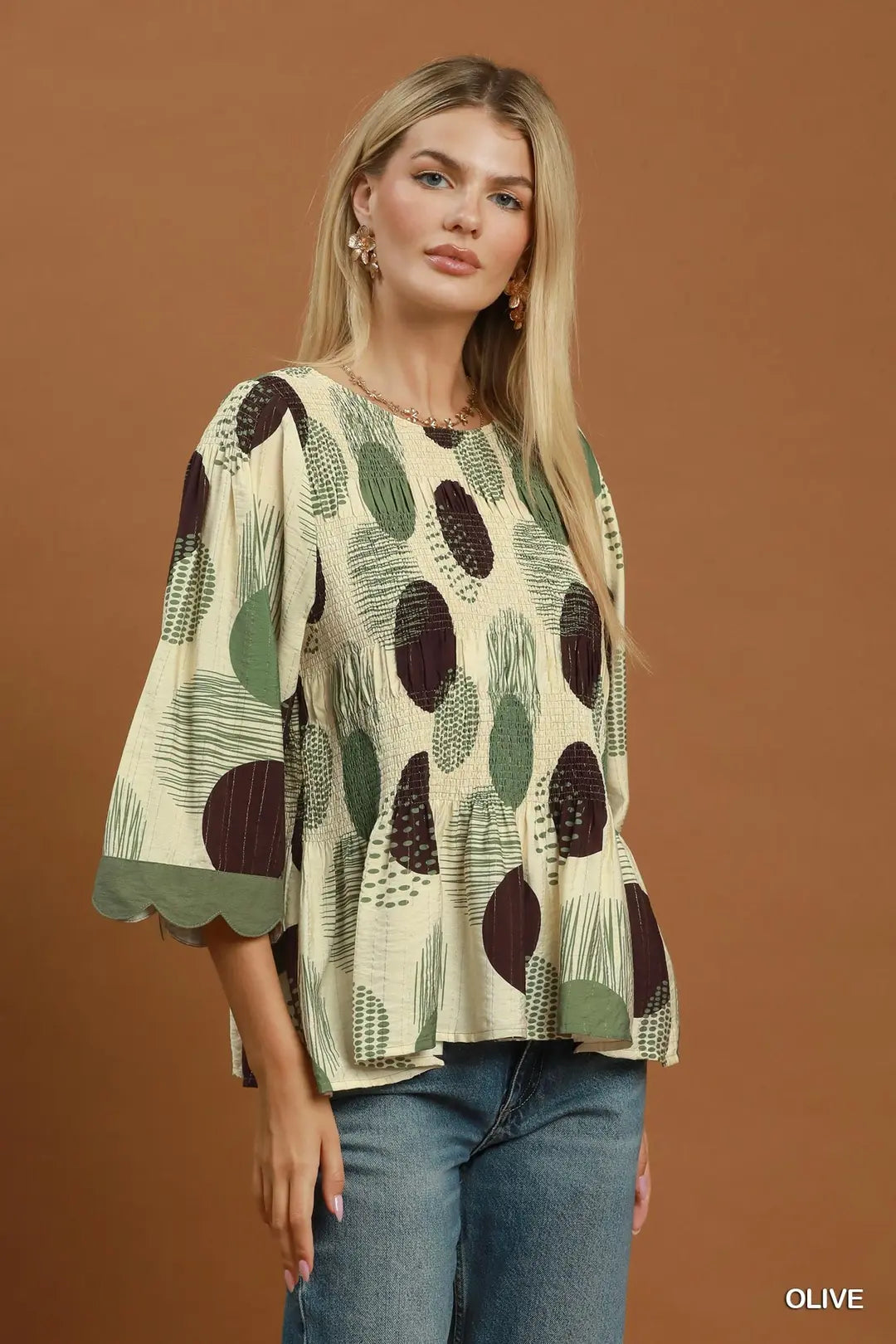 Umgee Abstract Dot Smocked Peplum Top
