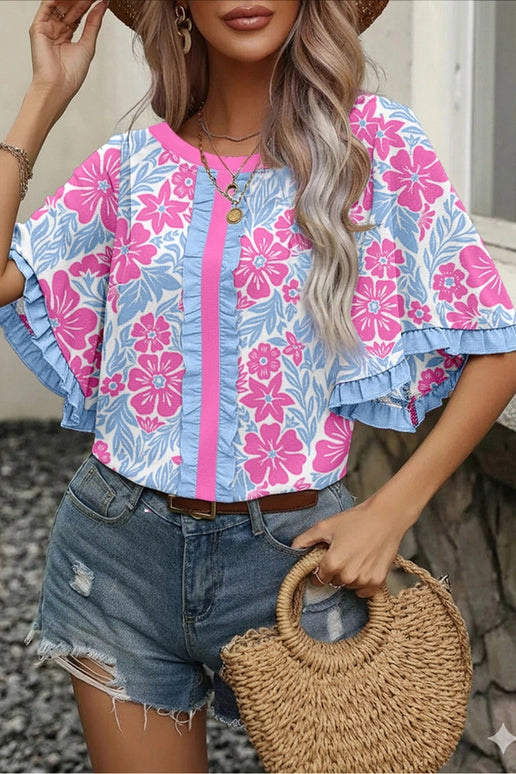 Floral Printed Lace Decorative Shorts Sleeve Top-Rose