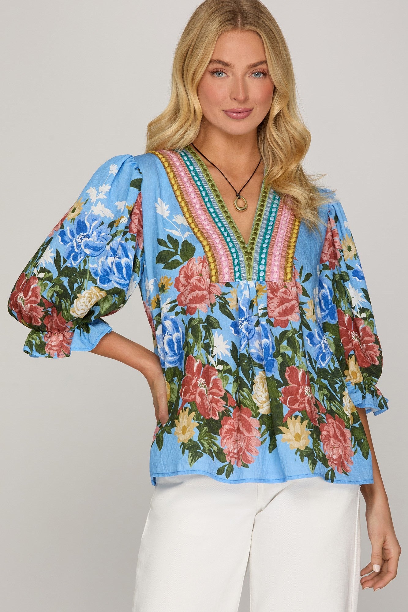 She + Sky Print V Neck Top-Blue