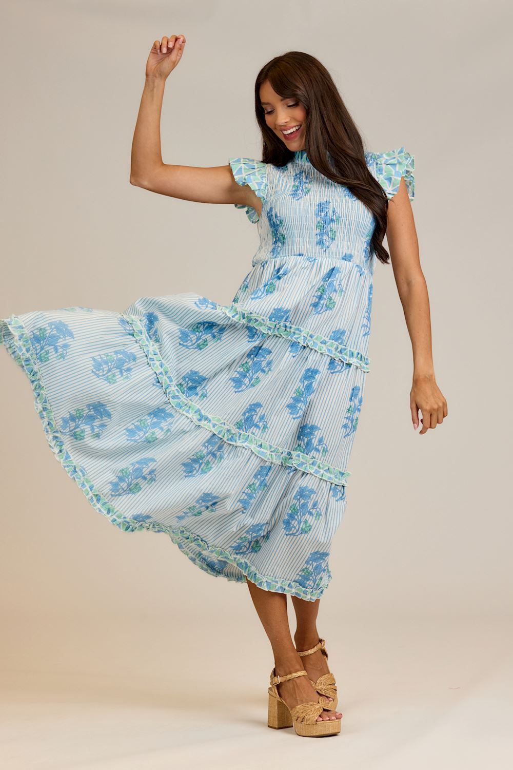 MUD PIE PERIN SMOCKED MIDI DRESS-BLUE