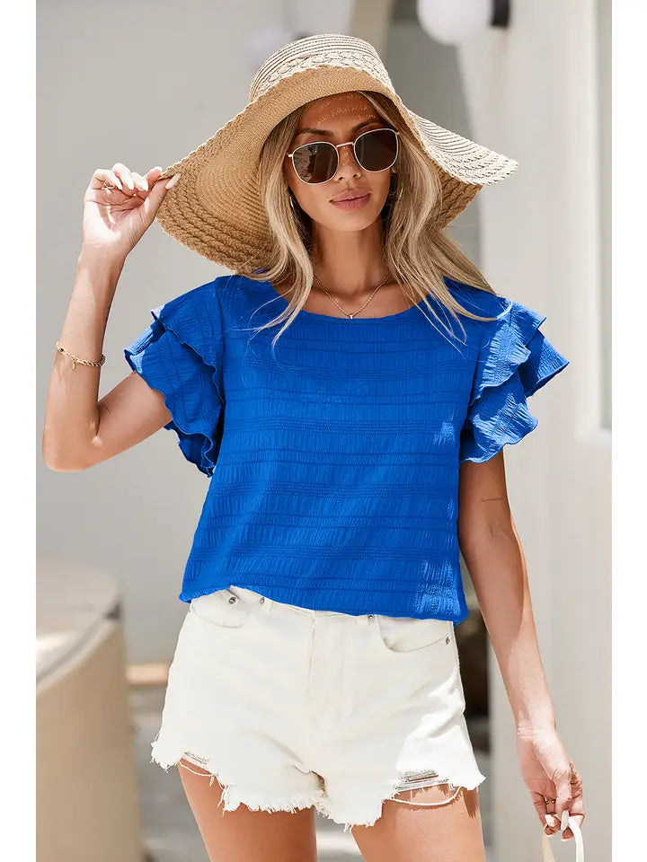 Textured Ruffled Sleeve Round Neck Top