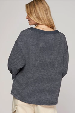 She + Sky LONG BUBBLE SLEEVE WASHED WAFFLE KNIT TOP-Navy