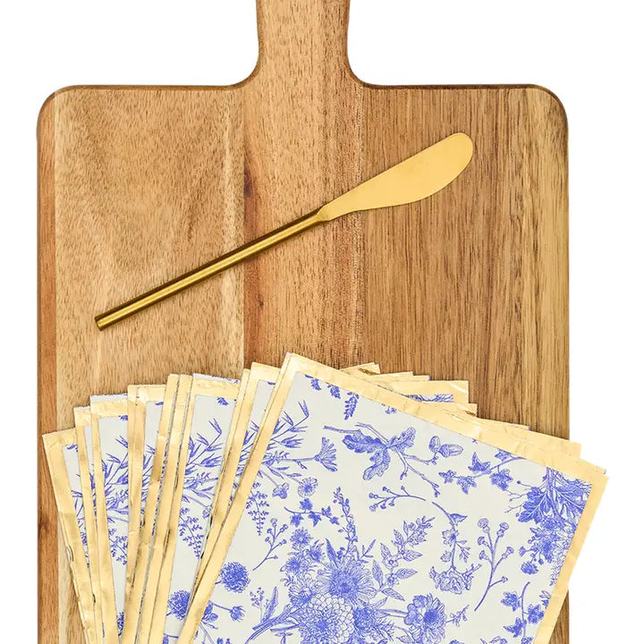 14x8" Acacia Board w/ Handle Gold Spreader, Timeless Napkin