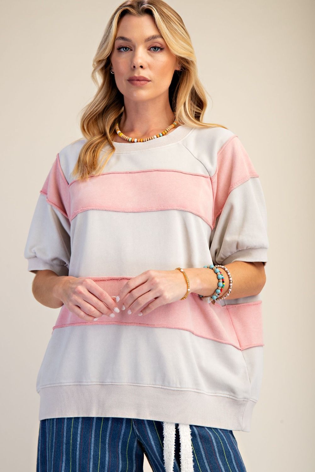 EASEL RUGBY STRIPE MINERAL WASHED BOXY TOP-KHAKI
