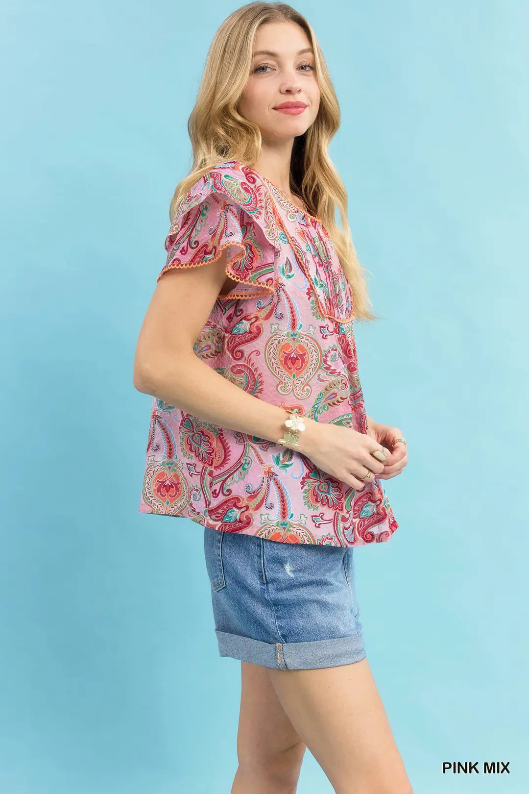 Umgee Mix Paisley Ruffle Sleeve Top-Pink Mix