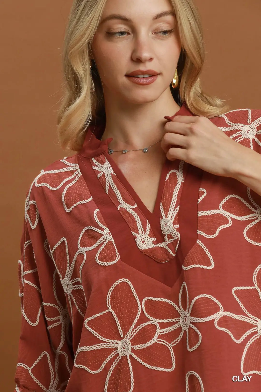 Umgee Floral Embroidered Split Neck Top