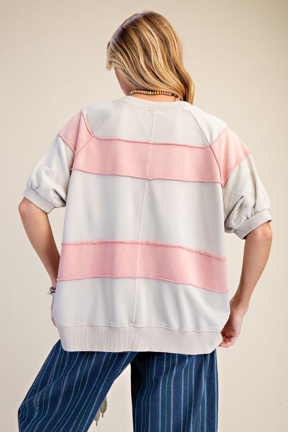 EASEL RUGBY STRIPE MINERAL WASHED BOXY TOP-KHAKI