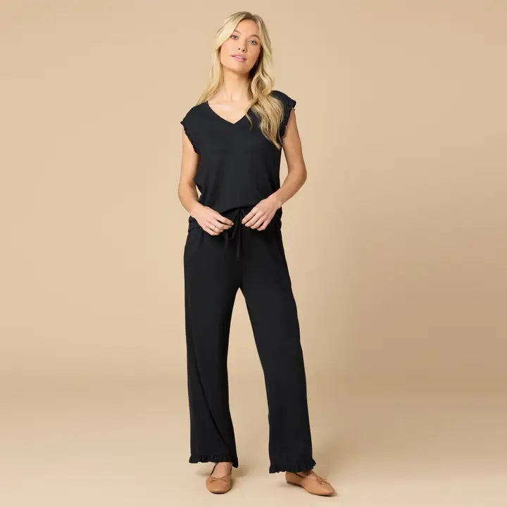 Softies Dream Ruffle V-Neck with Cropped Pant-Black