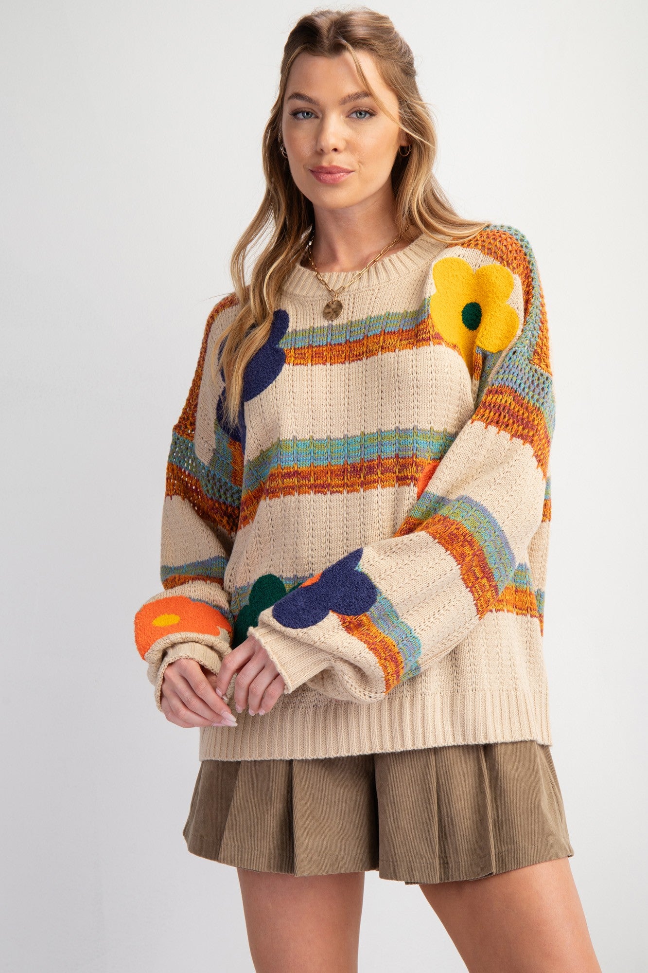 Easel Striped Flower Patch Knit Sweater Pullover