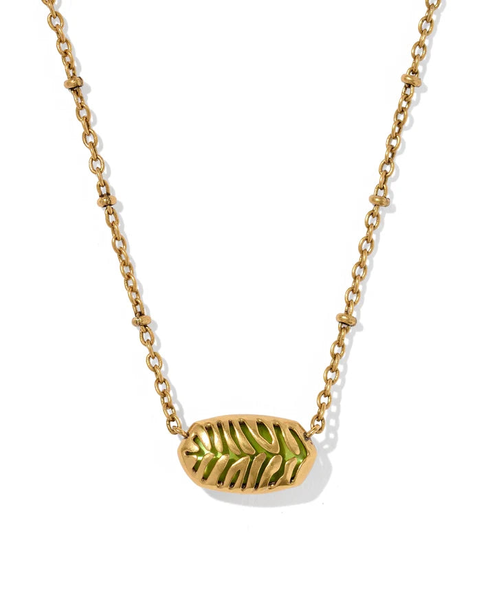 KENDRA SCOTT TIGER STRIPED ELISA SHORT PENDANT NECKLACE VINTAGE GOLD CHARTREUSE GREEN MOTHER OF PEARL