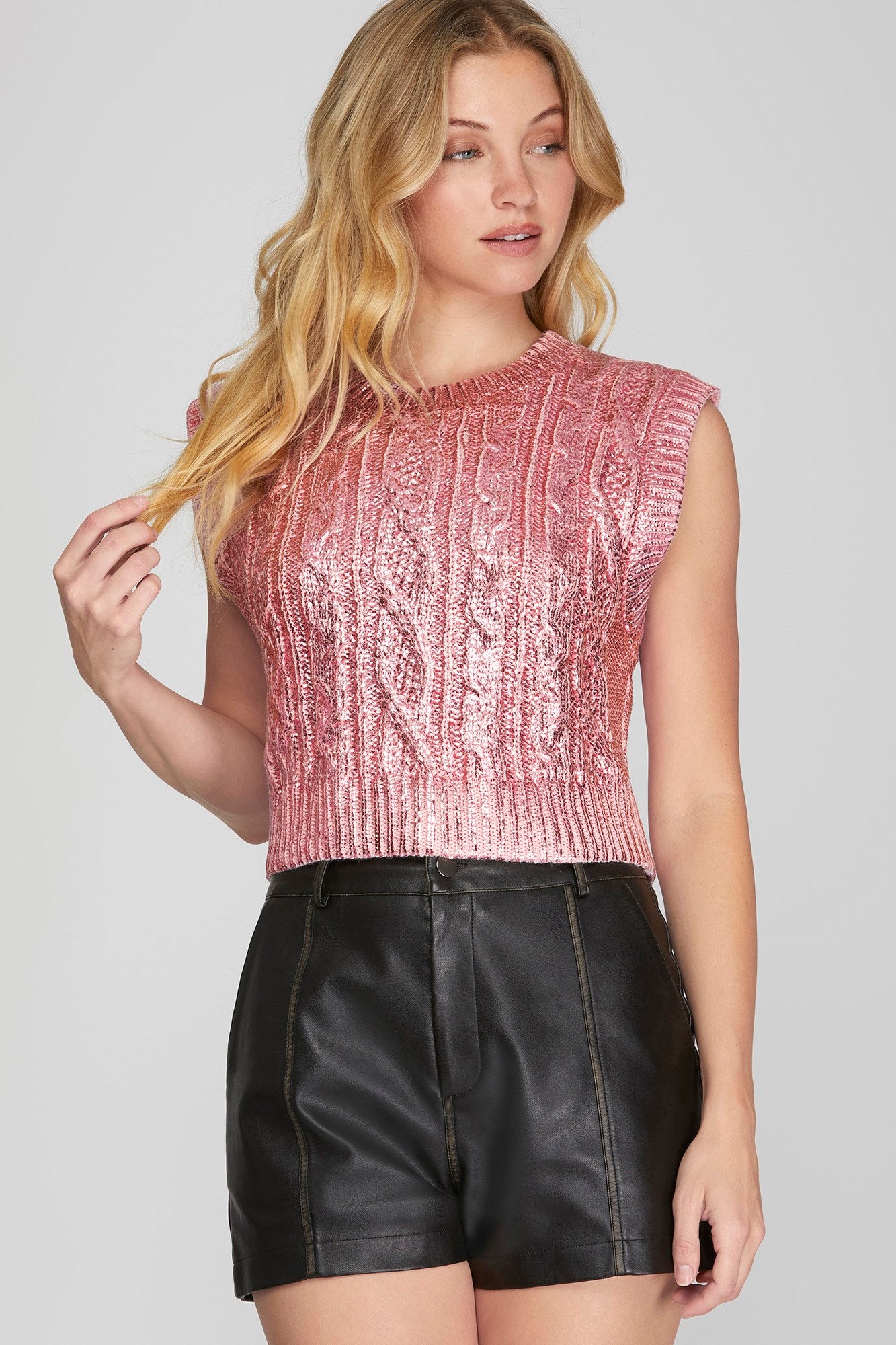 SHE & SKY SLEEVELESS CABLE KNIT METALLIC CROP SWEATER