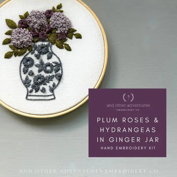 And Other Adventures Embroidery Co Hand Embroidery Kit - Plum Roses & Hydrangeas in Ginger Jar