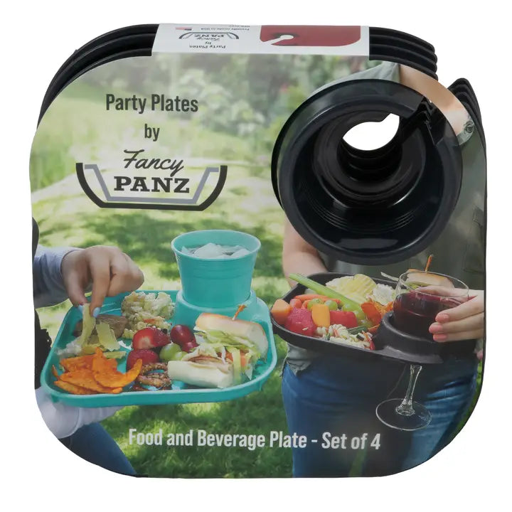 Fancy Panz Reusable Party Plates w/ Cup Holder - Set of 4 - Charcoal